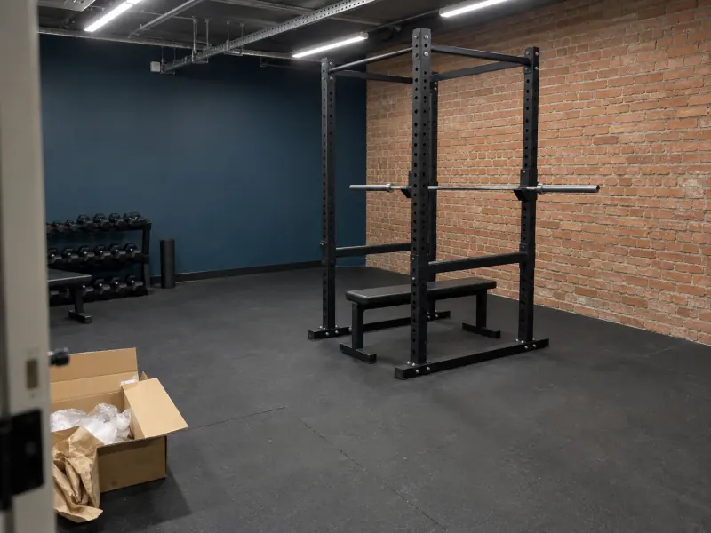 Rack de musculation et banc dans une salle de sport