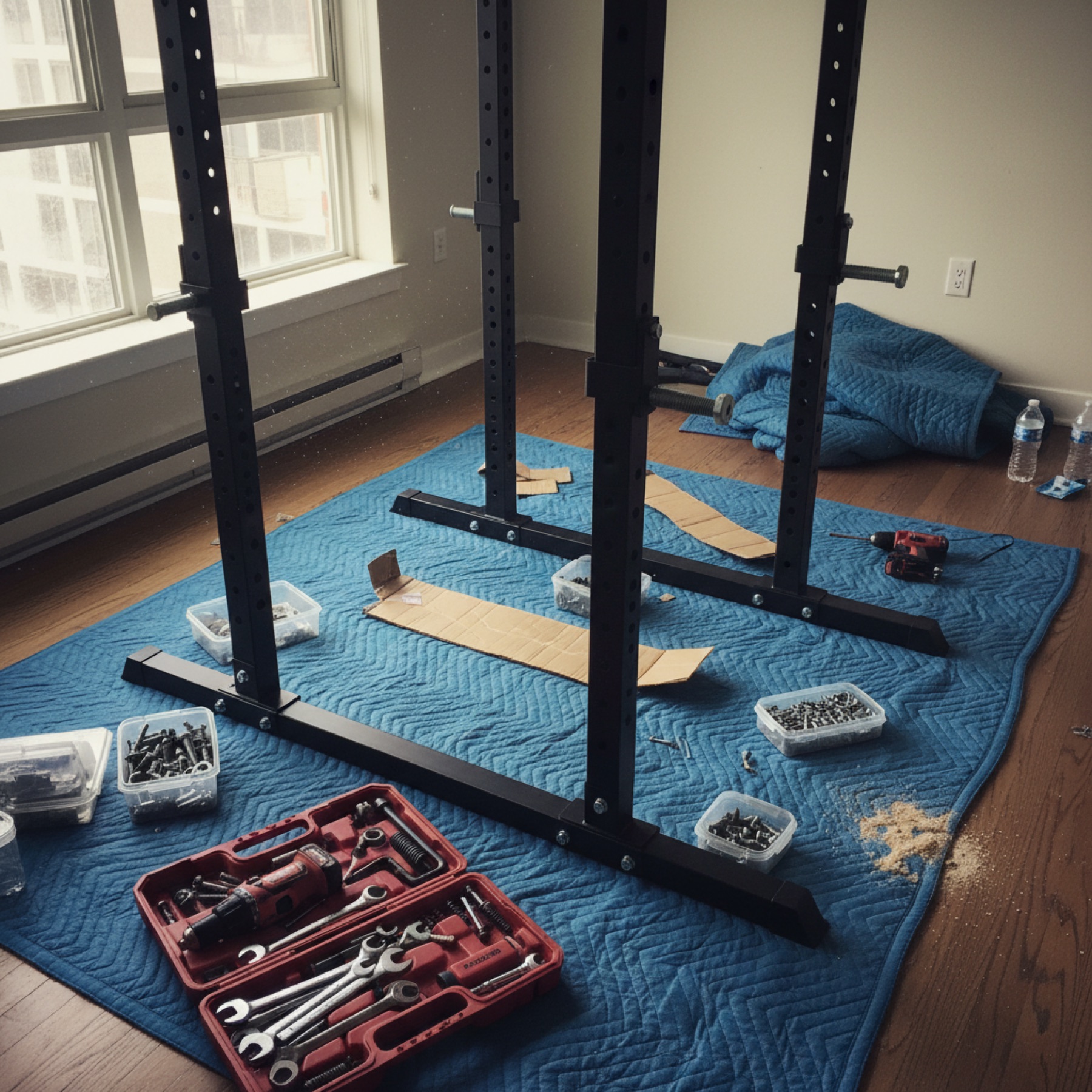 Préparation de montage de machine de musculation dans un appartement