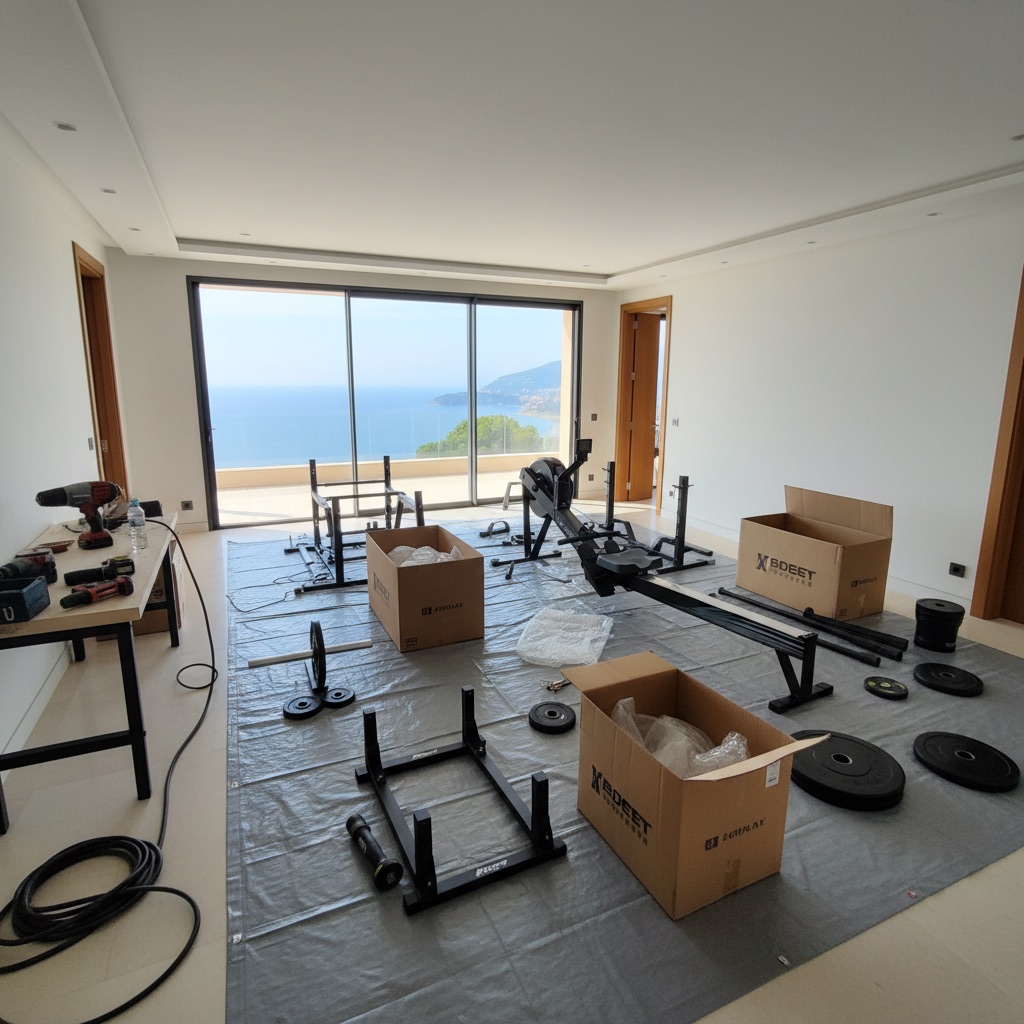 Préparation de montage de machines de musculation dans un intérieur premium à Monaco